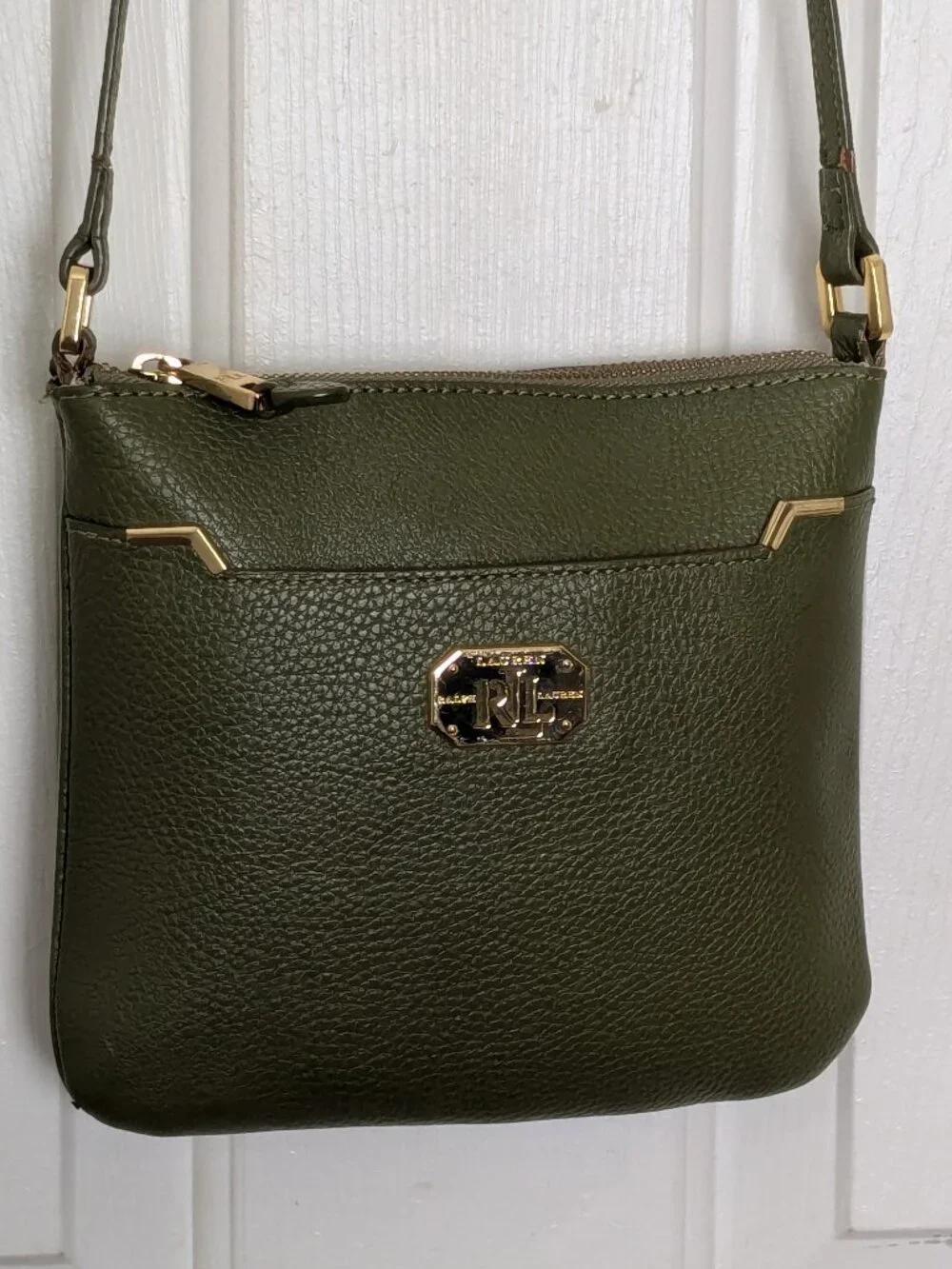 Lauren Ralph Lauren Womens Green Leather Adjustable Strap Crossbody Bag Small .